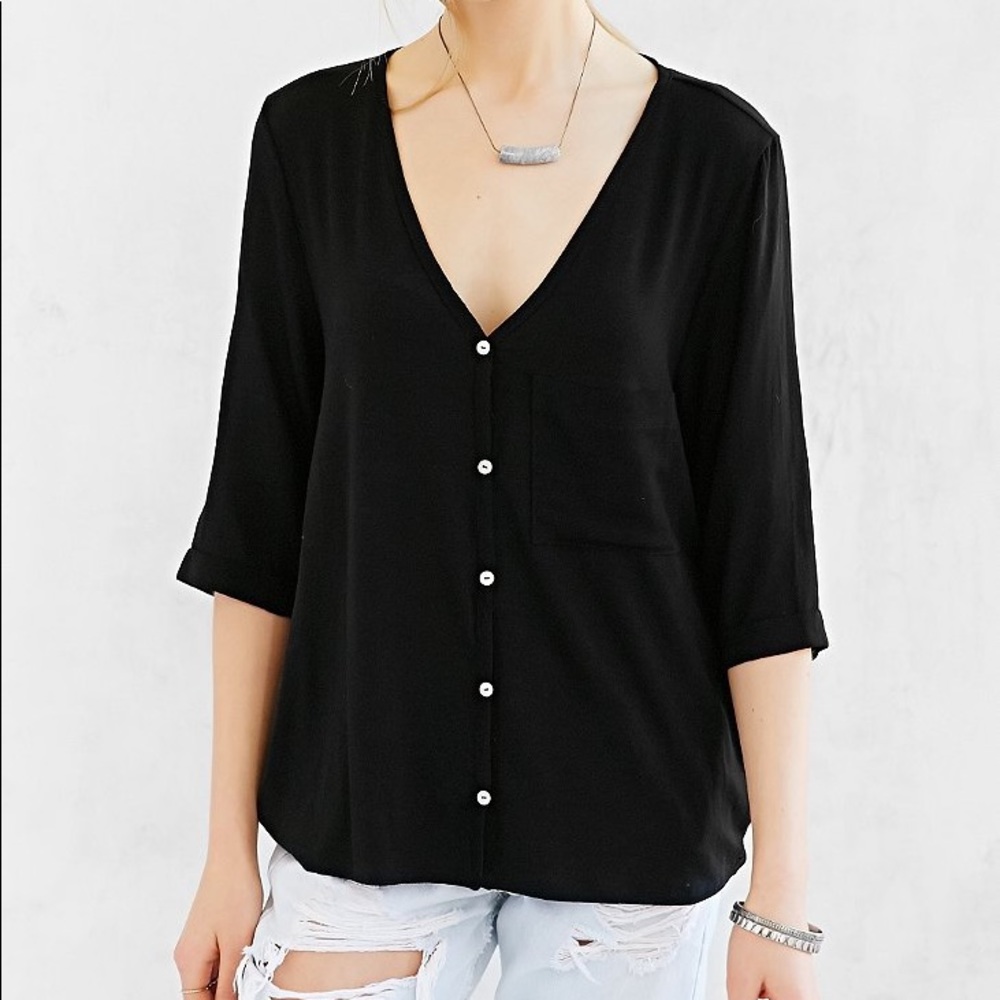 Urban Outfitters Surplice-Back Black Button Down